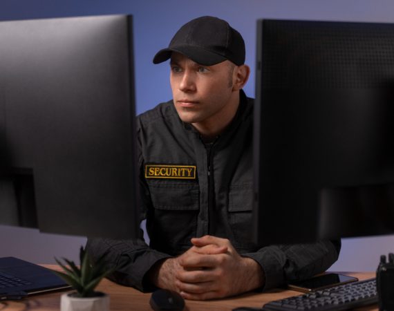 A man in a black uniform, representing mobile security, sits at a desk with two computer monitors for surveillance tasks.