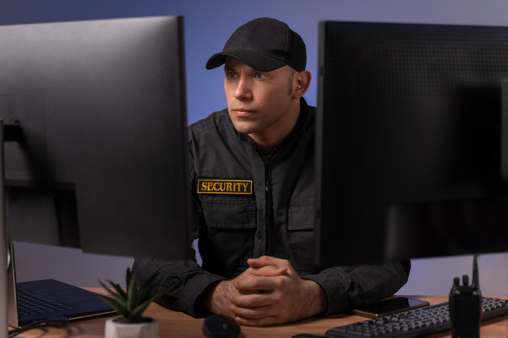 A man in a black uniform, representing mobile security, sits at a desk with two computer monitors for surveillance tasks.