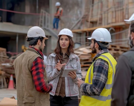 Three people in hard hats are in conversation, representing teamwork in the context of artisan contractor insurance solutions.