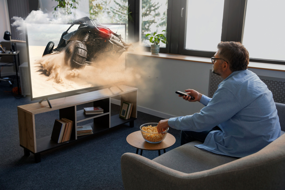 A man watches television with a remote in hand, while another remote sits on the table, emphasizing the joy of streaming movies.