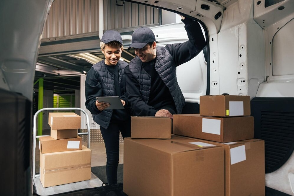 Two delivery workers organizing packages in a van, ensuring reliable transportation service.